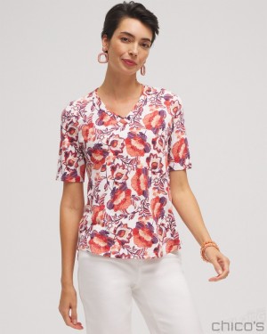 Chico's Floral Elbow Sleeve A-line Tee Tees & Tanks Alabaster | 461-FLEWNR