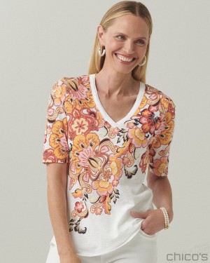 Chico's Floral Elbow Sleeve A-line Tee Tees & Tanks Alabaster | 854-XLMYPE