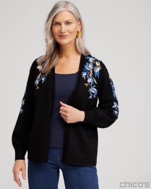 Chico's Floral Embroidered Cardigan Sweaters Black | 857-XCRLAF