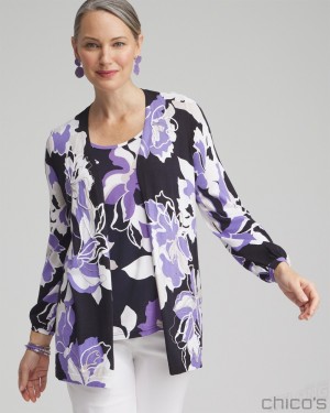 Chico's Floral Embroidered Cardigan Sweaters Parisian Purple | 642-ORBAPQ