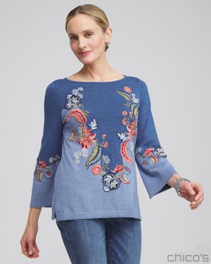 Chico's Floral Embroidered Kurta Sweater Sweaters Faded Indigo Heather Med | 941-PXQGHA