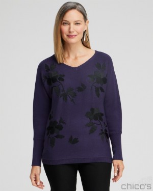 Chico's Floral Embroidered Pullover Sweater Sweaters Dewberry | 431-QTLFIN