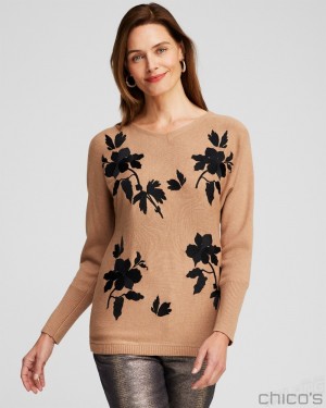 Chico's Floral Embroidered Pullover Sweater Sweaters Faux Camel Heather | 927-VUSLYM