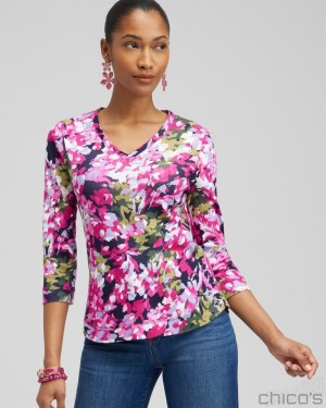 Chico's Floral Everyday 3/4 Sleeve Tee Tees & Tanks Magenta Rose | 026-OWHUPX