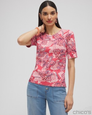 Chico's Floral Everyday Elbow Sleeve Tee Tees & Tanks Ginger Rose | 083-SAYBMZ