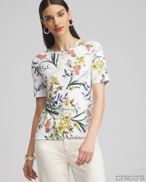 Chico's Floral Everyday Elbow Sleeve Tee Tees & Tanks Alabaster | 752-JKRGFQ