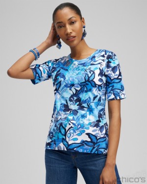 Chico's Floral Everyday Elbow Sleeve Tee Tees & Tanks Intense Azure | 105-EUONXG