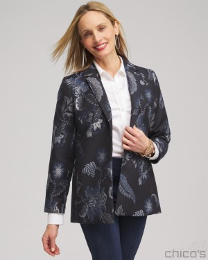 Chico's Floral Jacquard Blazer Jackets & Coats Classic Navy | 460-TOUMFG