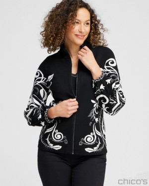 Chico's Floral Jacquard Cardigan Sweaters Black | 541-IWUFNQ