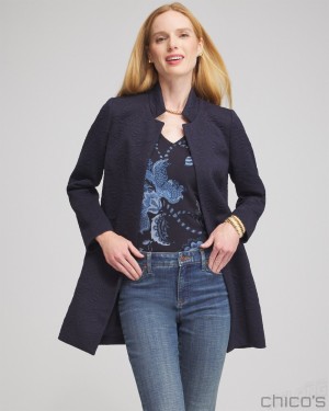 Chico's Floral Jacquard Knit Topper Jackets & Coats Classic Navy | 942-QEJFLZ