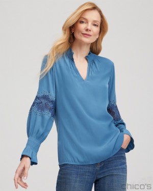 Chico's Floral Lace Detail Top Blouses & Shirts Blue Echo | 473-YWUKDZ