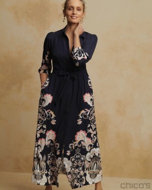 Chico's Floral Maxi Shirt Dress Dresses Classic Navy | 175-JYKXVO