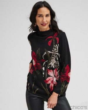 Chico's Floral Mock Neck Sweater Sweaters Black | 382-FUSTMV