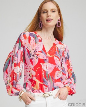 Chico's Floral Pleated Sleeve Blouse Blouses & Shirts Watermelon Punch | 316-EYOBPI