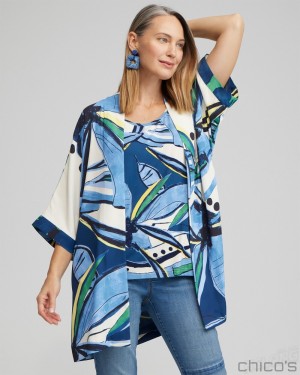 Chico's Floral Print Long Kimono Ponchos & Ruanas Blue Veil | 368-LSAWRF