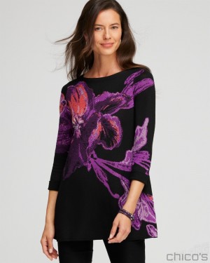 Chico's Floral Roll Cuff Tunic Sweater Sweaters Black | 927-OKLEBX