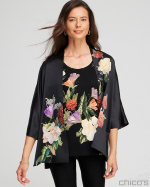 Chico's Floral Short Kimono Ponchos & Ruanas Black | 176-SGUBWV