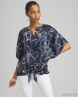 Chico's Floral Tie-Front Shirt Tops Classic Navy | 321-KTZNMD