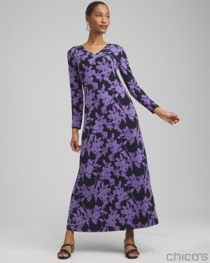 Chico's Floral V-neck Maxi Dress Dresses Classic Navy | 672-MROYJU