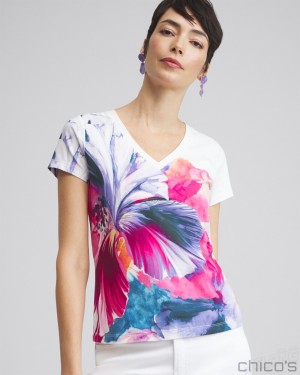 Chico's Floral V-neck Perfect Tee Tees & Tanks Alabaster | 527-QTKYPC