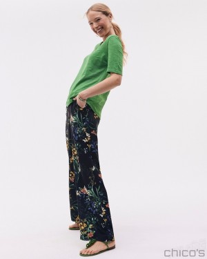 Chico's Floral Wide Leg Soft Pants Pants Black And Green | 342-DGKXPY