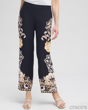 Chico's Floral Wide Leg Soft Pants Pants Classic Navy | 538-CIKEFD