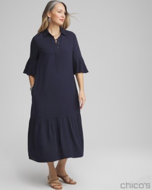 Chico's Flounce Sleeve Midi Dress Dresses Classic Navy | 873-BTAPNO