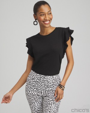 Chico's Flutter Cap Sleeve Tee Tees & Tanks Black | 937-ITKQHR