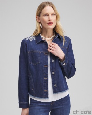 Chico's Fray Hem Embroidered Denim Jacket Jackets & Coats Morwenna Indigo | 965-AGQNRD