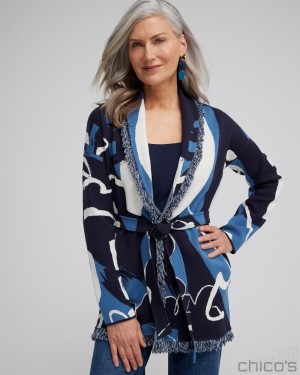 Chico's Fringe Abstract Print Cardigan Sweaters Classic Navy | 891-ZJFSLQ