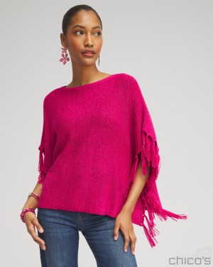 Chico's Fringe Knit Poncho Ponchos & Ruanas Magenta Rose | 476-ZRLDPB