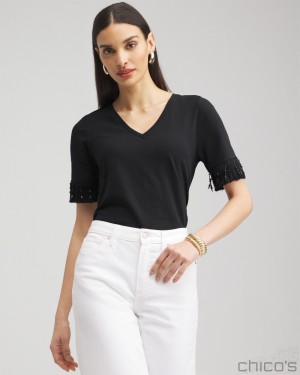 Chico's Fringe Trim Top Tees & Tanks Black | 965-ERTOVN