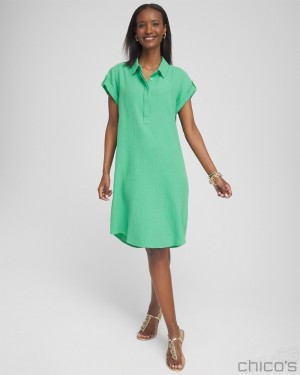 Chico's Gauze Roll Tab Sleeve Dress Dresses GRASSY GREEN | 681-QSRLJT