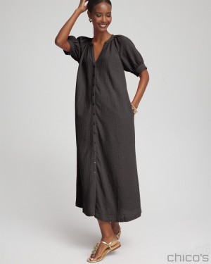 Chico's Gauze Shirt Dress Dresses Black | 693-KQGWEA