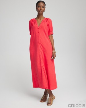 Chico's Gauze Shirt Dress Dresses Watermelon Punch | 094-LFPECB