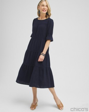 Chico's Gauze Tiered Midi Dress Dresses Classic Navy | 193-EBKAWR