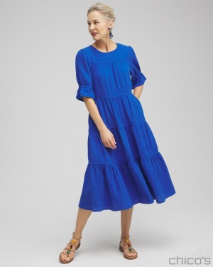 Chico's Gauze Tiered Midi Dress Dresses Intense Azure | 623-JVTKPR