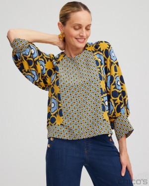 Chico's Geometric Print Pintuck Top Tops Blue Echo | 267-VUNTXI