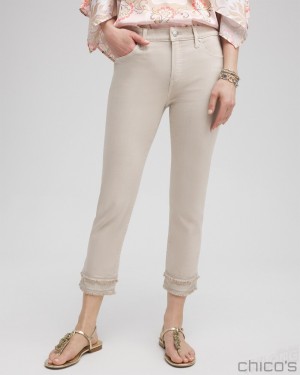 Chico's Girlfriend Embellished Fray Cropped Jeans Jeans & Denim Smokey Taupe | 579-VROFHA