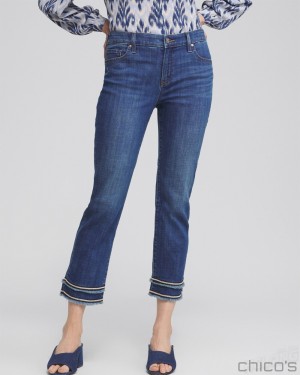 Chico's Girlfriend Embellished Hem Cropped Jeans Jeans & Denim Blue Springs Indigo | 394-DMEFWB