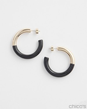 Chico's Gold Tone Dipped Hoops Earrings Black | 493-YRLKWV