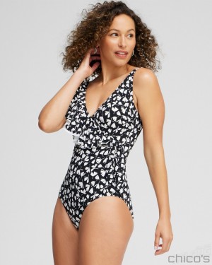 Chico's Gottex Ruffle Shoulder One Piece Swimsuit Swim Black/White | 976-DXOEPQ