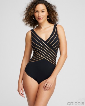 Chico's Gottex V-neck One Piece Swimsuit Swim Black/Gold | 981-UTVDER