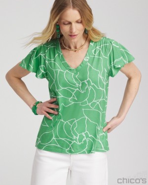 Chico's Green Lines Flutter Sleeve Tee Tees & Tanks GRASSY GREEN | 435-LAECQT