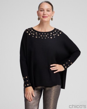 Chico's Grommet Detail Sweater Poncho Ponchos & Ruanas Black | 019-ILKCFB