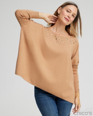 Chico's Grommet Detail Sweater Poncho Ponchos & Ruanas Camel | 725-VSXDIU