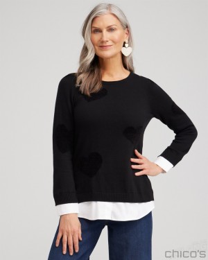 Chico's Heart Print Built-in Shirt Sweater Sweaters Black | 573-TDLVPA