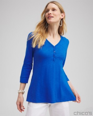 Chico's Henley Side Slit Tunic Tops Intense Azure | 309-IEAXGP