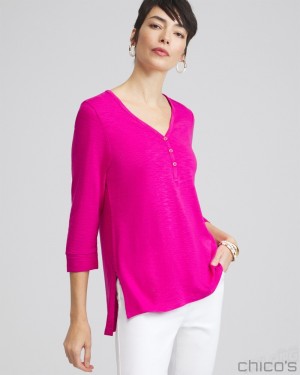 Chico's Henley Side Slit Tunic Tops Magenta Rose | 286-QDYGJP