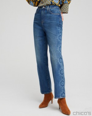 Chico's High Rise Laser Print Straight Jeans Jeans & Denim Azula Indigo | 631-XWNZCD